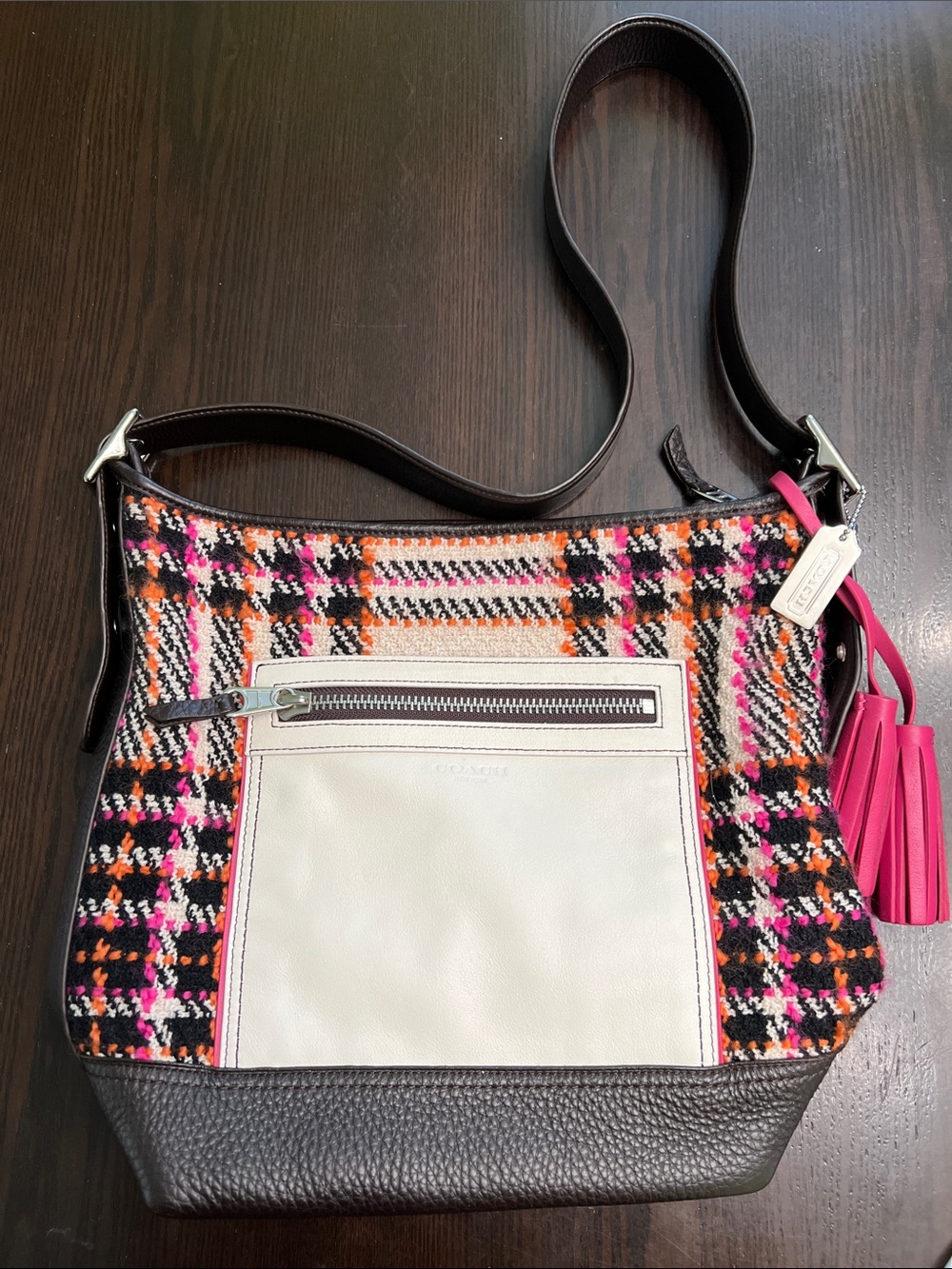Coach Multicolor Plaid Shoulder Bag with Cream Front Pocket and Pink Tassel